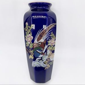 Vintage Cobalt Blue Gold Trim Octagon Cylinder Pheasant Bird Flower Vase Japan
